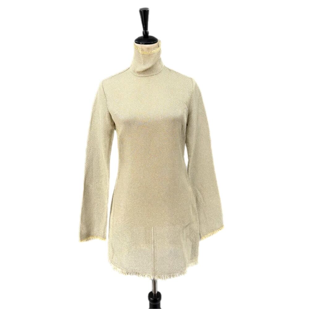 Ellery NWT Herschell Metallic Gold Funnel Neck Sheer Long Sleeve Mini Dress